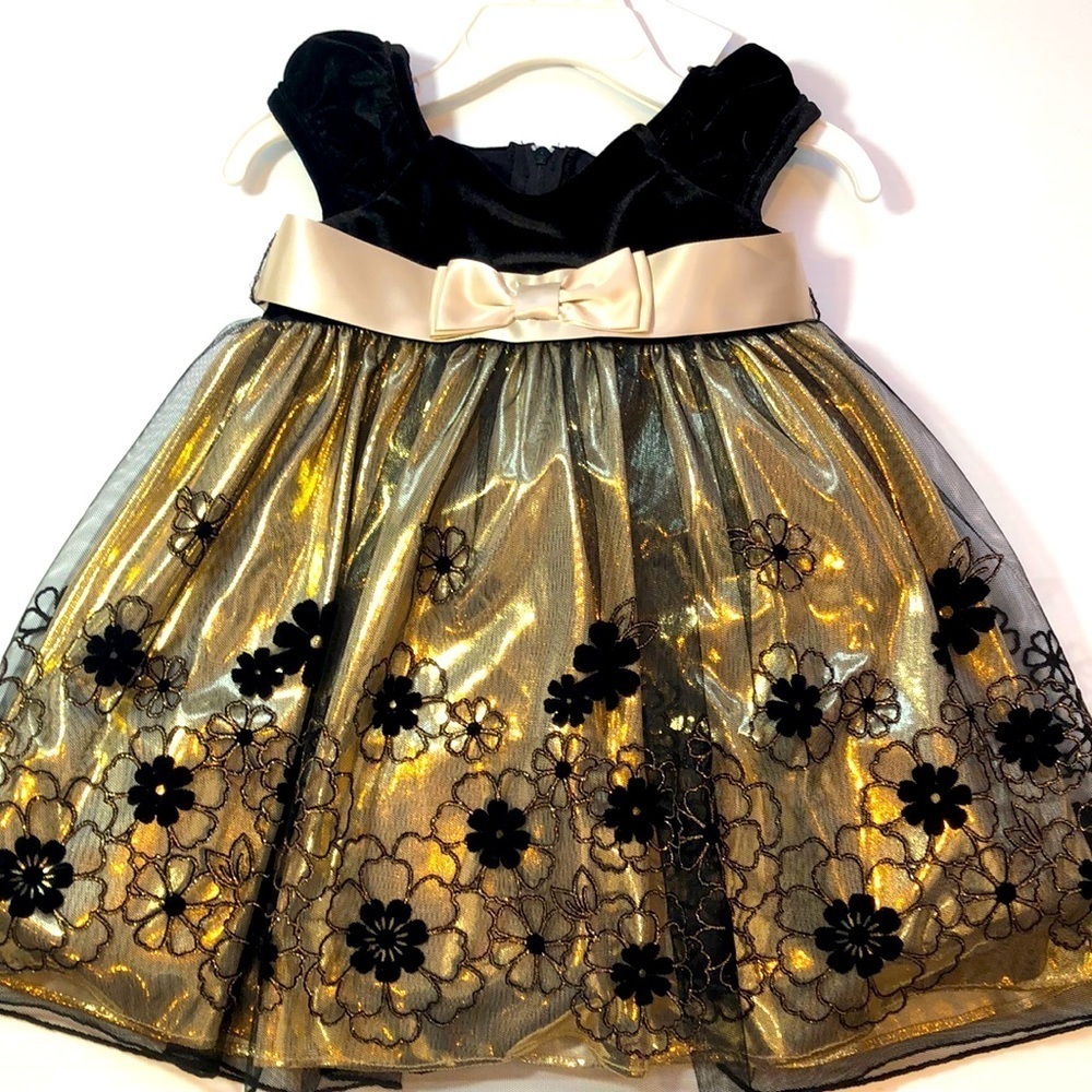 Rare Editions Gold Lame’ Black Velour Lace Overlay 2 Piece Set 18 Months NEW NWT